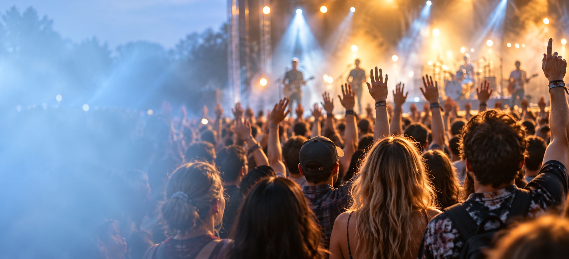 A crowd enjoying live music under golden and blue stage lights