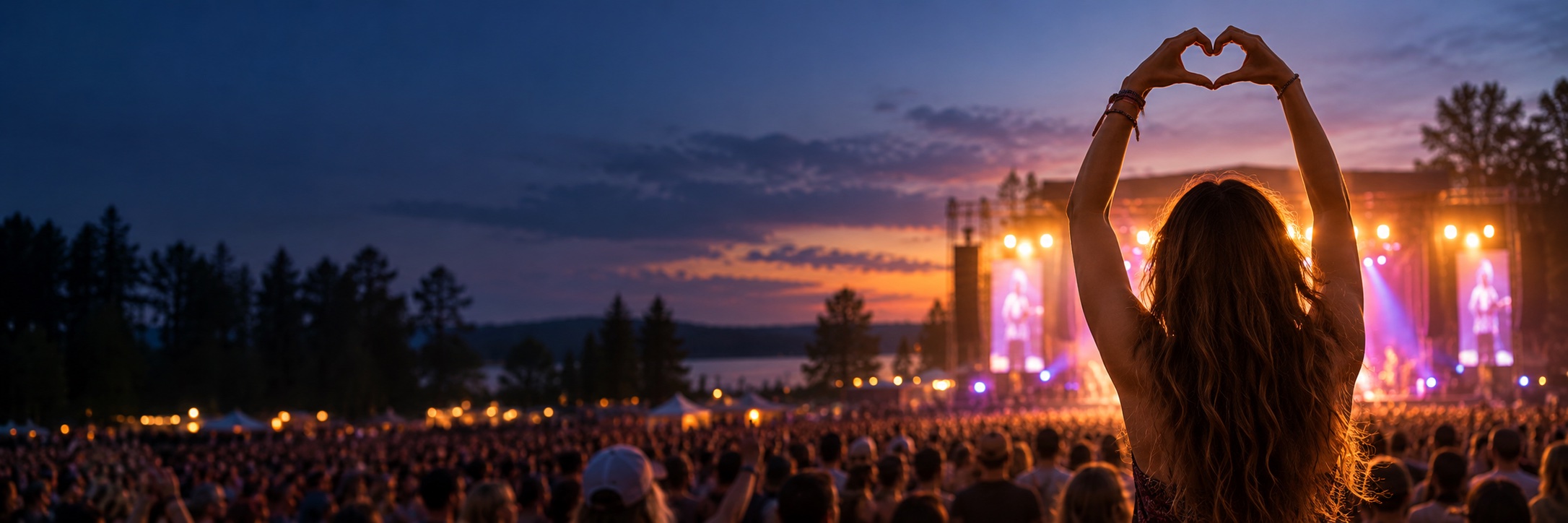 A festivalgoer making a heart with her hands at an outdoor concert at sunset